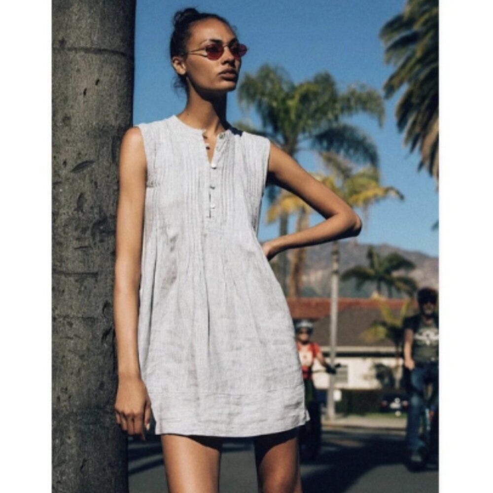 Faherty Isha Washed Linen Dress in Mini Blue Stripe